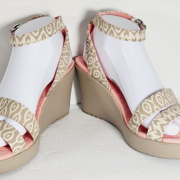 Crocs Women's Leigh Size 9 Ankle Strap Pink Gray Wedge Strappy Sandals - Picture 4 of 13